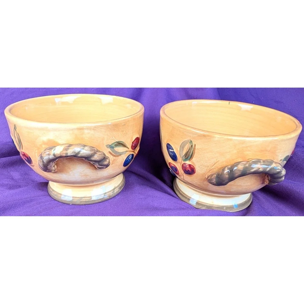 Gibson BISTRO ITALIA 2 Bowls Olive Branch Rope Handles Hand Painted 20oz